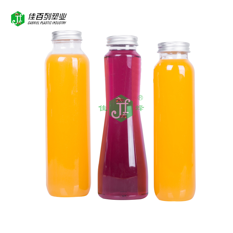 round shape beverage bottle aluminium cap soft drinking bottle personal logo 300 350 400ml pet plastic juice bottle, drink bott