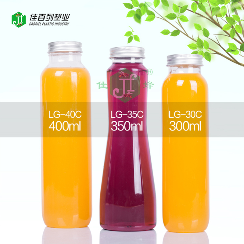 round shape beverage bottle aluminium cap soft drinking bottle personal logo 300 350 400ml pet plastic juice bottle, drink bott