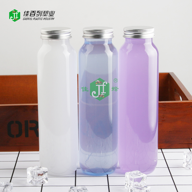 round shape beverage bottle aluminium cap soft drinking bottle personal logo 300 350 400ml pet plastic juice bottle, drink bott
