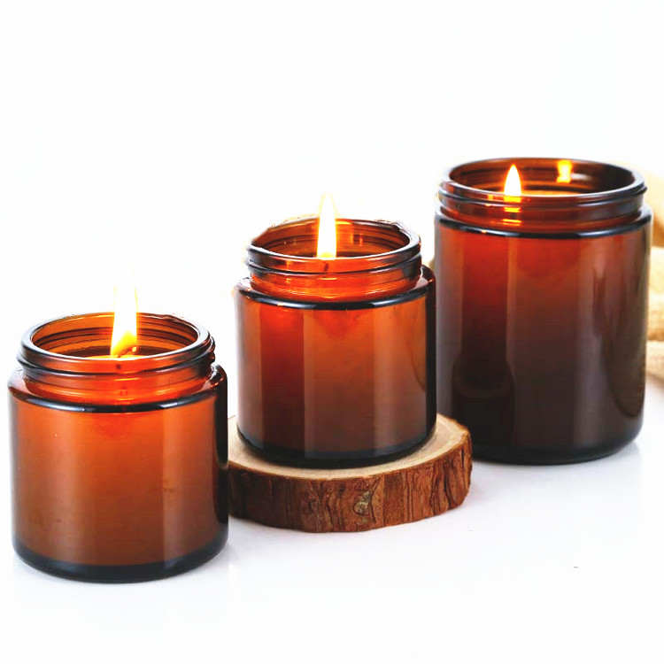 round shape empty amber glass candle jar with metal lid