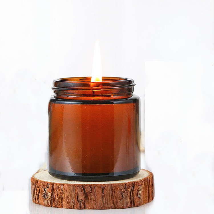 round shape empty amber glass candle jar with metal lid