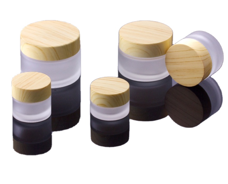 round shape transparent/froested glass container skin care wooden lid cream jars cosmetic face cream jar with wooden cap/lid
