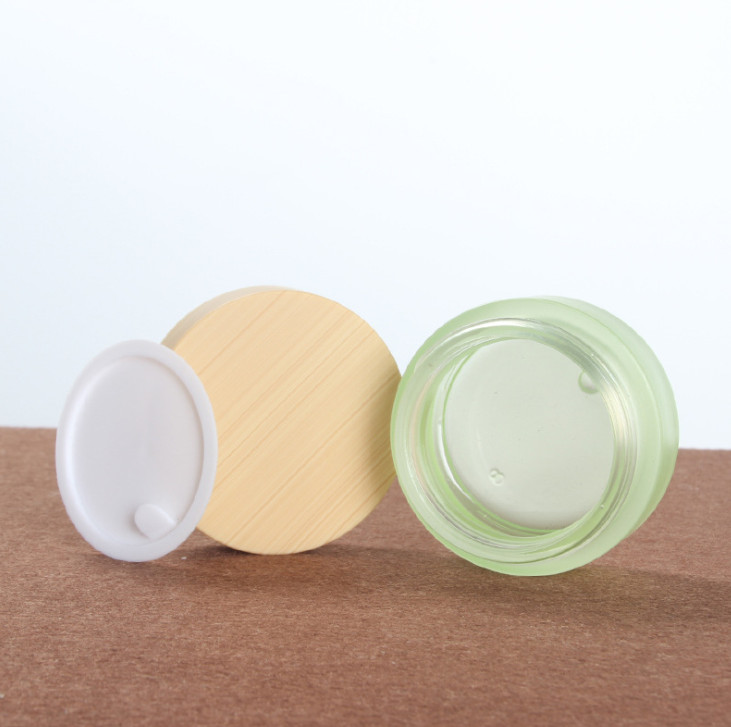 round shape transparent/froested glass container skin care wooden lid cream jars cosmetic face cream jar with wooden cap/lid