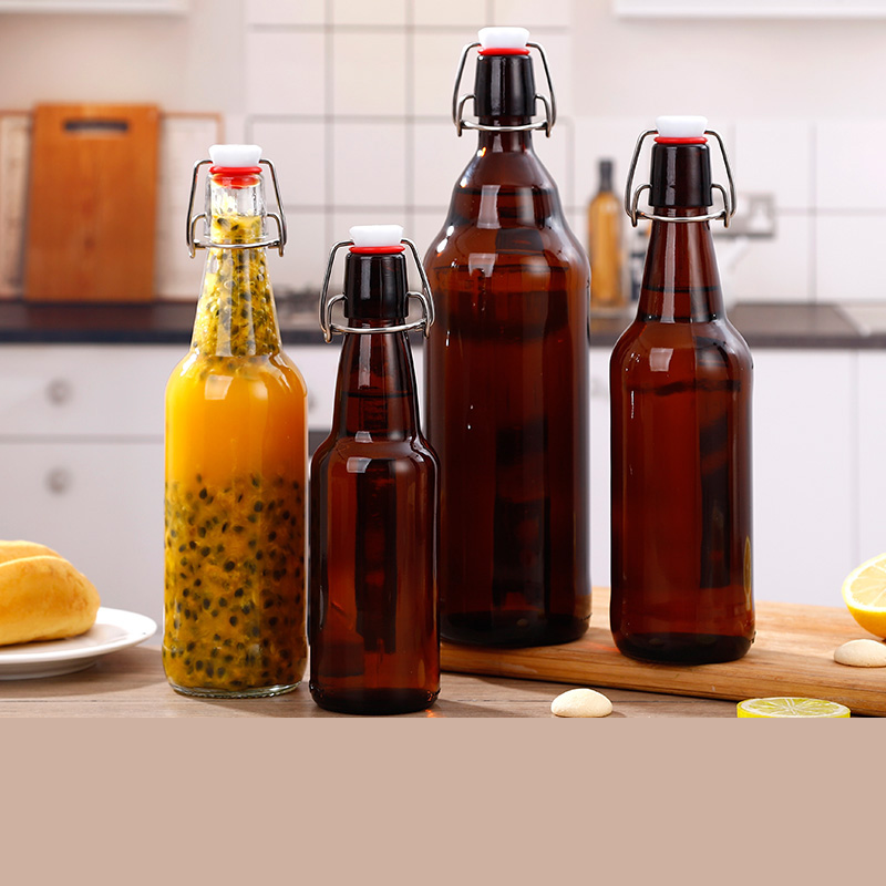 round snap amber glass bottle with swing top for beer
