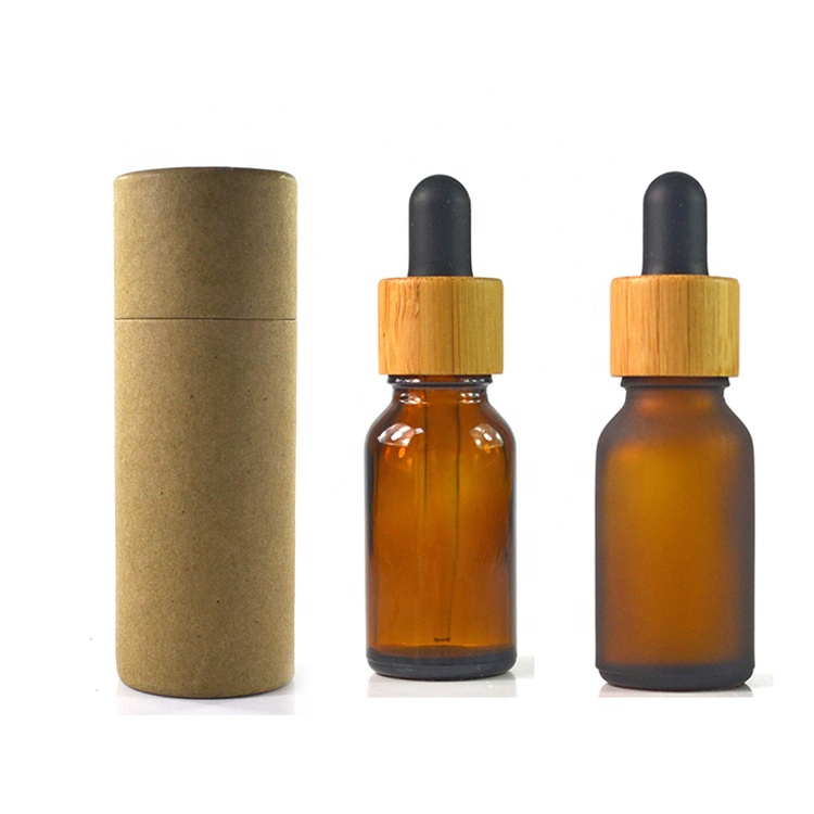 round square  5 10 15  20 30 50 60 100ml frosted amber  essential oil serum glass dropper bottle with bamboo cap
