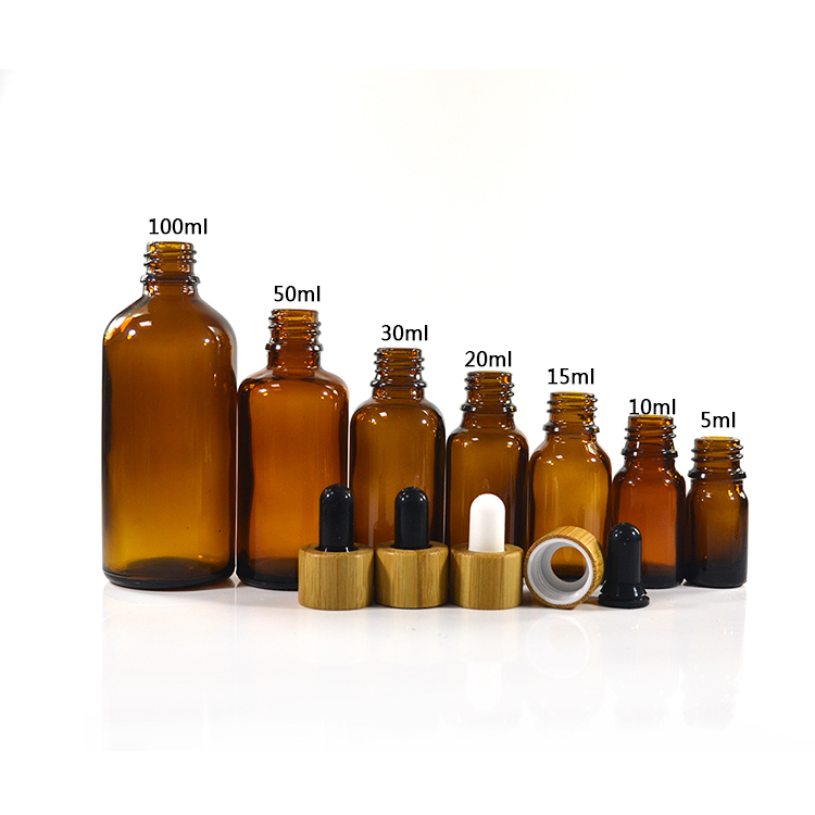 round square 5 10 15 20 30 50 60 100ml frosted amber essential oil serum glass dropper bottle with bamboo cap