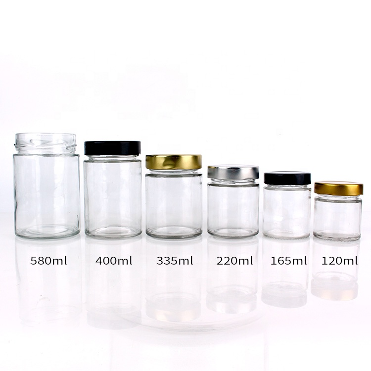 round straight glass jam/honey jars glass storage container with metal lid