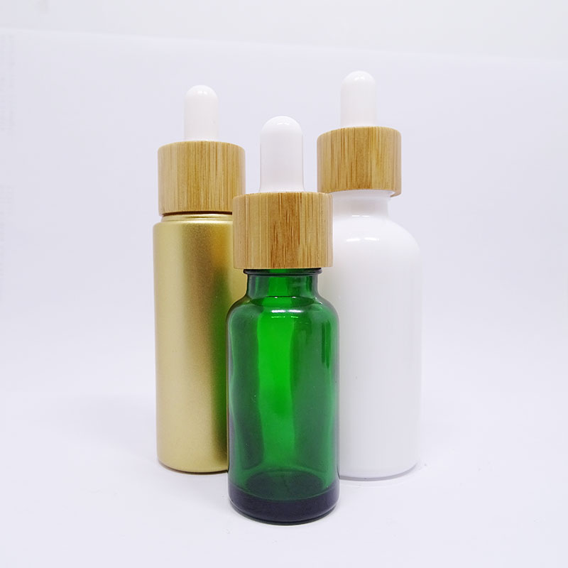 screen printing amber frosted glass essential oil bottle with bamboo dropper and bamboo pump