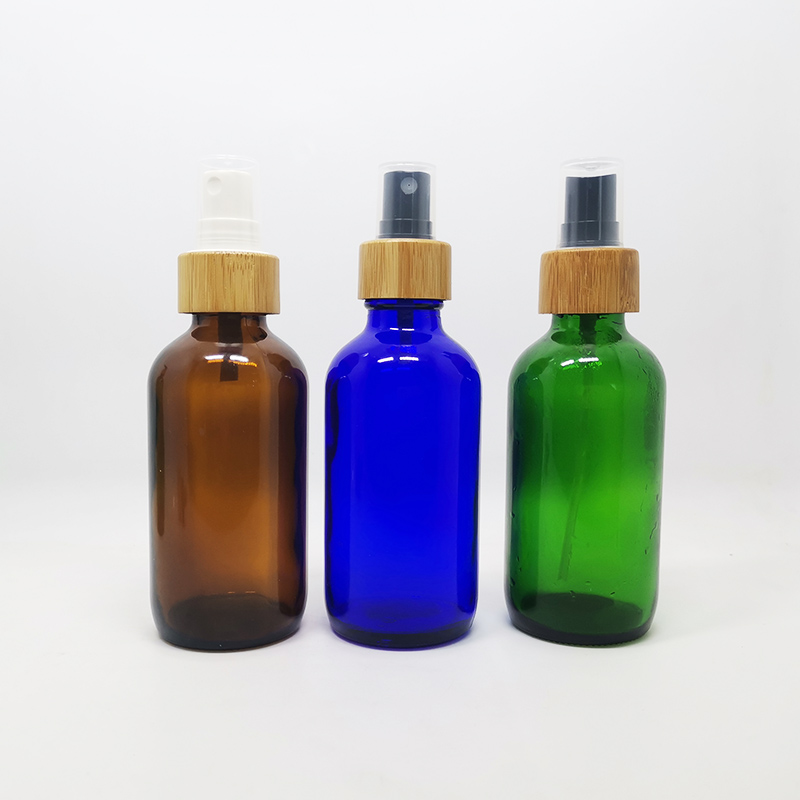 screen printing amber frosted glass essential oil bottle with bamboo dropper and bamboo pump