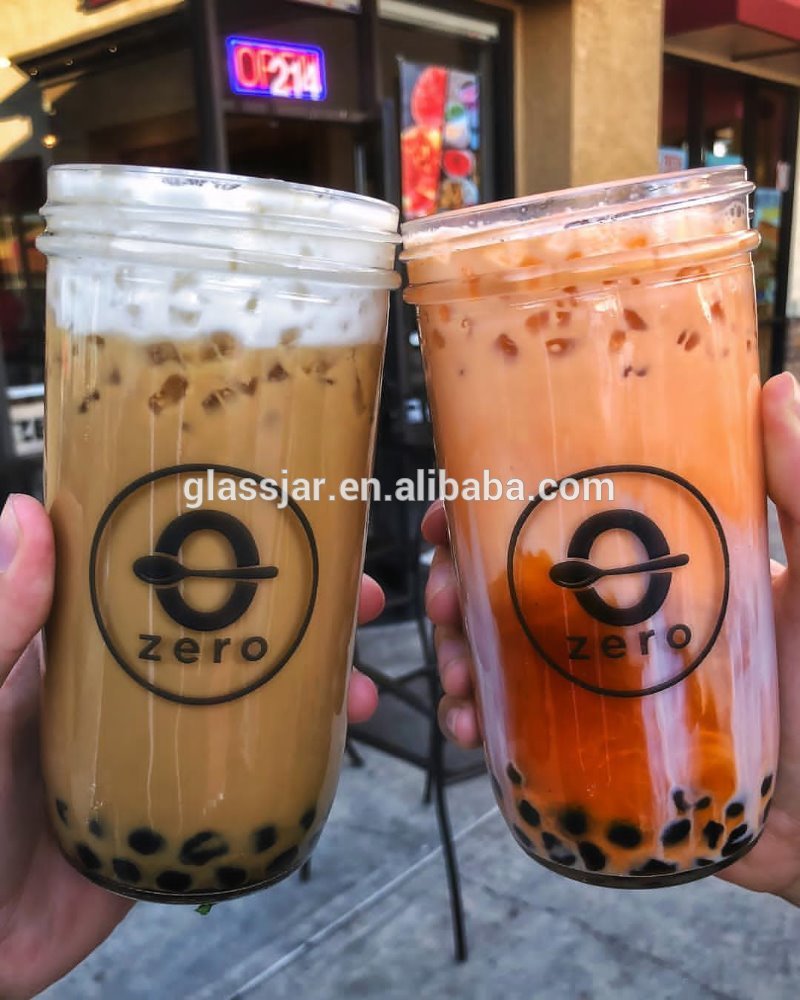 screen printing surface glass maosn jar for boba tea and cold juice with metal cap