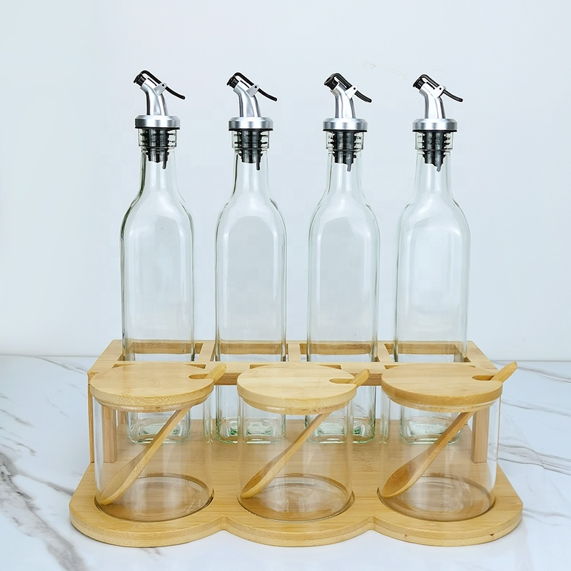 seasoning glass oil bottles and glass spice jars with wooden holder set