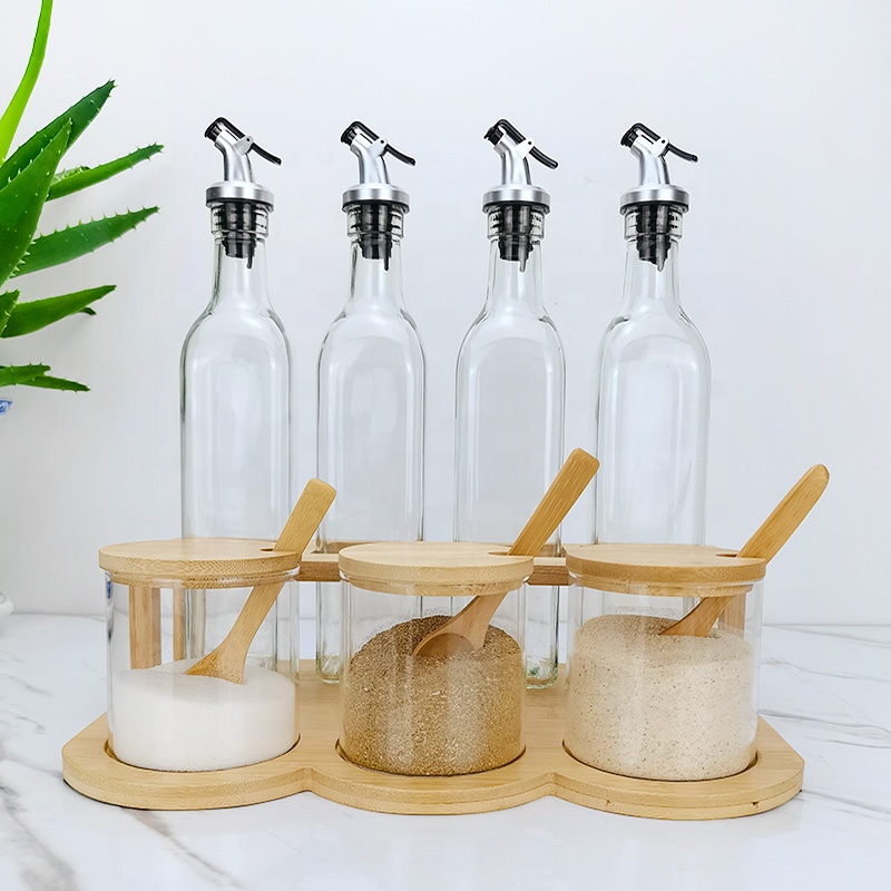seasoning glass oil bottles and glass spice jars with wooden holder set