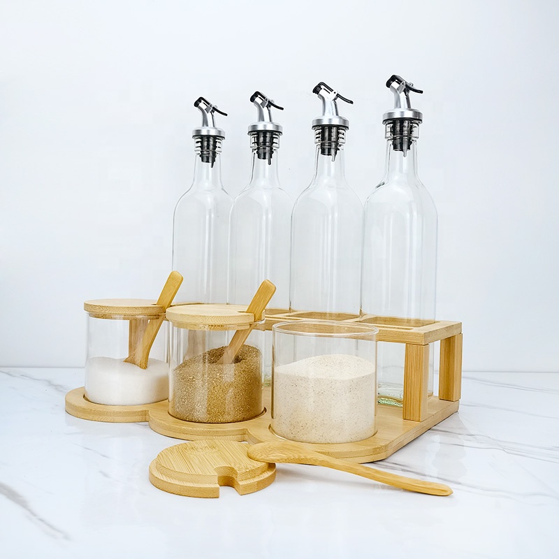 seasoning glass oil bottles and glass spice jars with wooden holder set