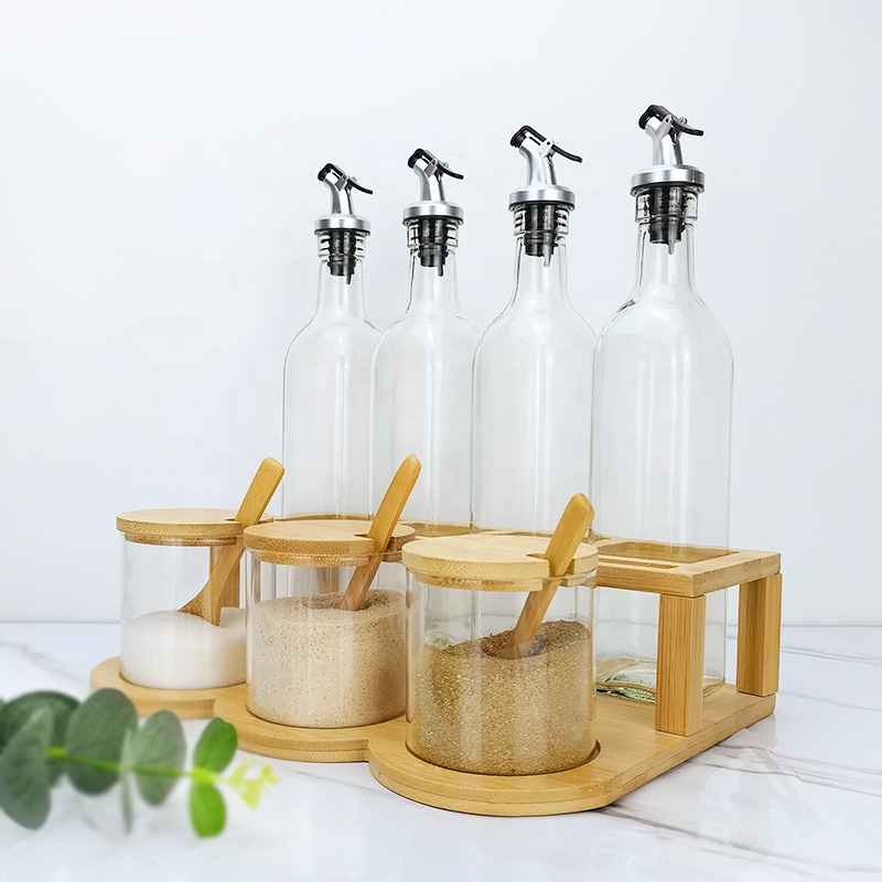 seasoning glass oil bottles and glass spice jars with wooden holder set
