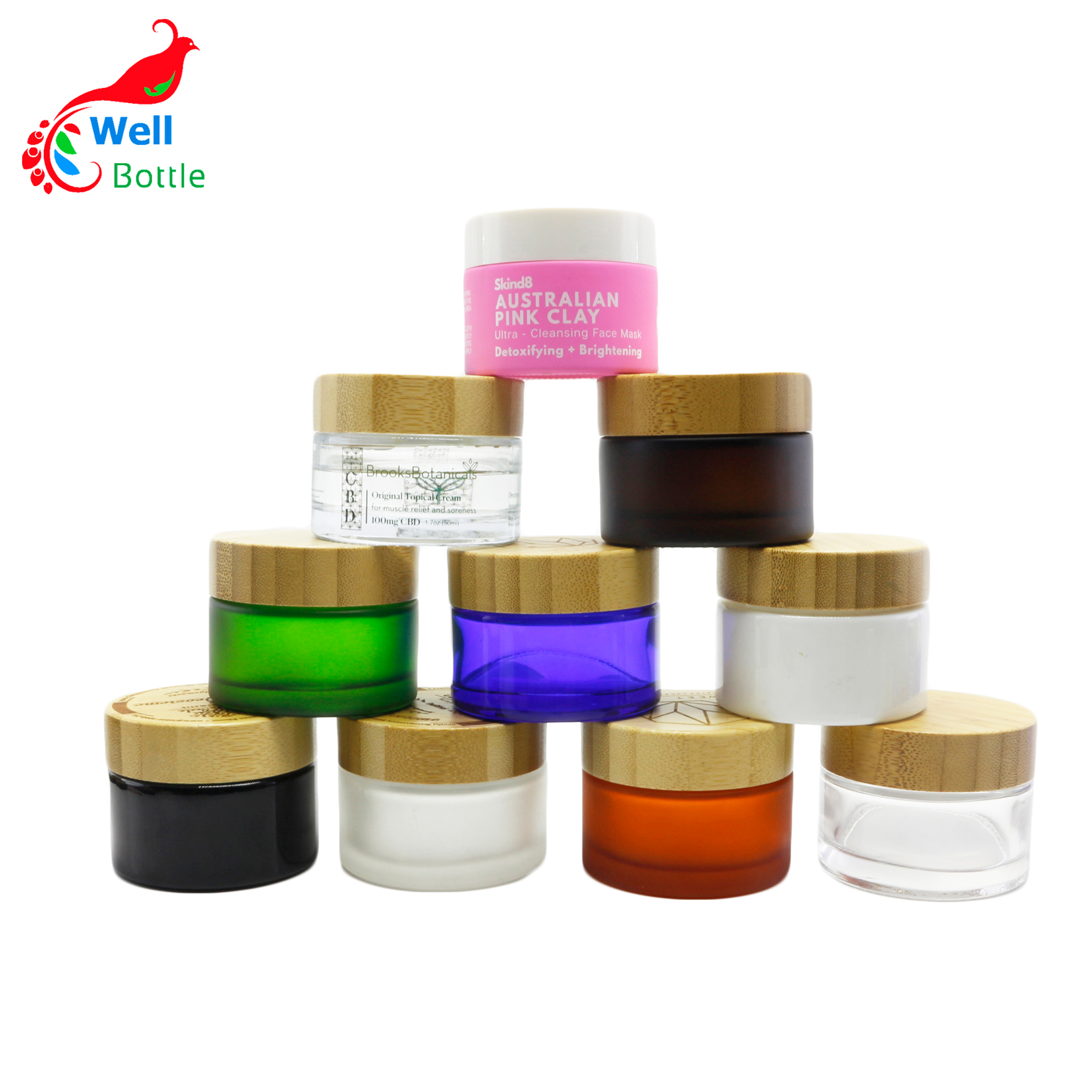 silk printing amber green blue black white cosmetic glass jar 50g straight side container with bamboo screw lid J049E