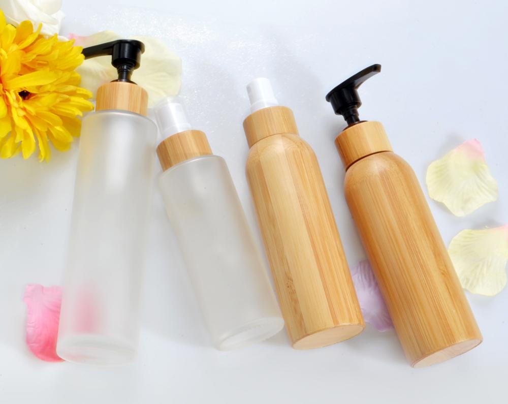 silk screen surface handling 100ml 120ml 150ml frosted glass cosmetic face cream shampoo bottle with bamboo pump