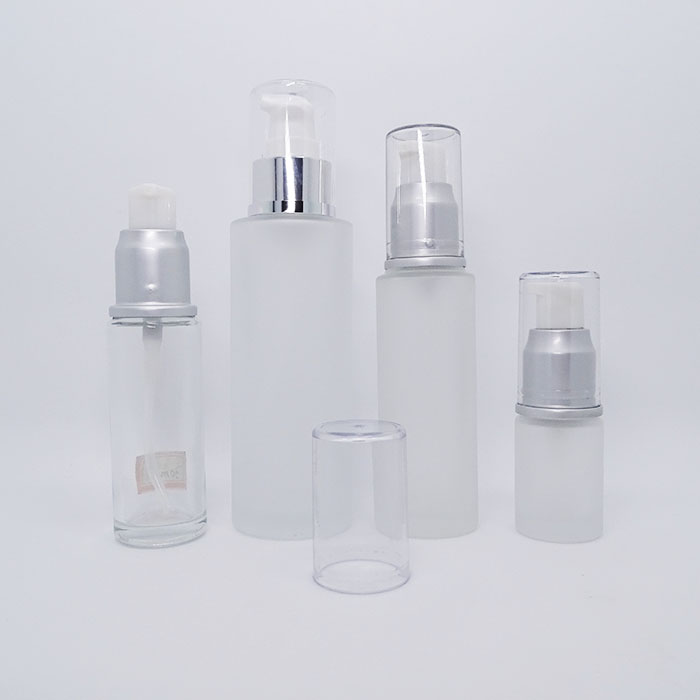 silver aluminum pump skin care lotion cylinder flat 120ml 4 oz frosted glass bottle