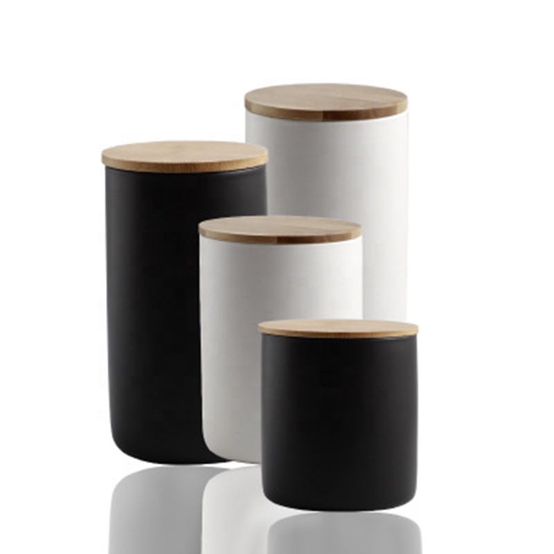 simple ceramic white coffee tea sugar canister with bamboo lid  storage kitchen porcelain jar