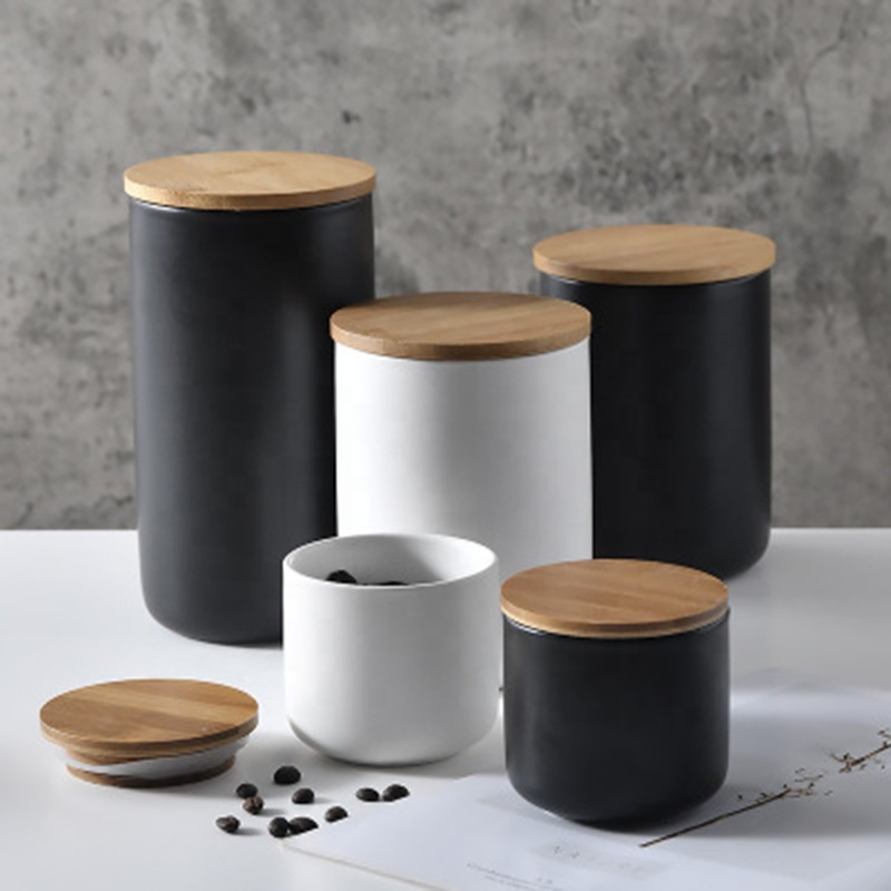 simple ceramic white coffee tea sugar canister with bamboo lid storage kitchen porcelain jar