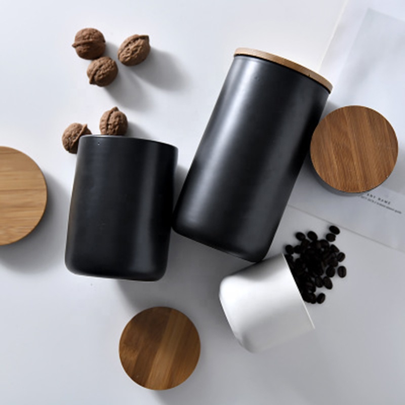simple ceramic white coffee tea sugar canister with bamboo lid storage kitchen porcelain jar