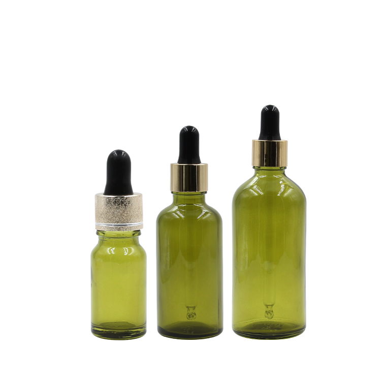skin care 5ml 10ml 15ml 20ml 30ml 50ml 100ml Wholesale olive green essential oil glass bottle with golden dropper