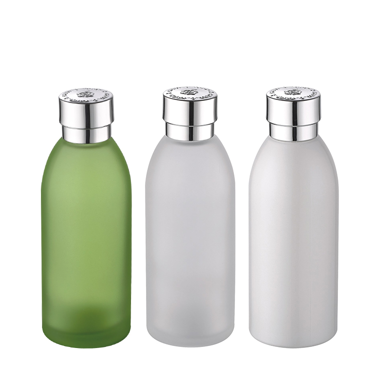 skin care cosmetic packaging fancy round frosted green face toner glass bottle with rose pattern cap