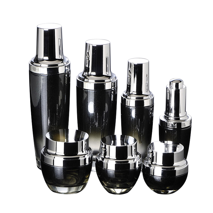 skin care cosmetic packaging fancy shiny fade black 30ml 50ml 100ml 20g 30g 50g cosmetic jar and bottle set with aluminum top