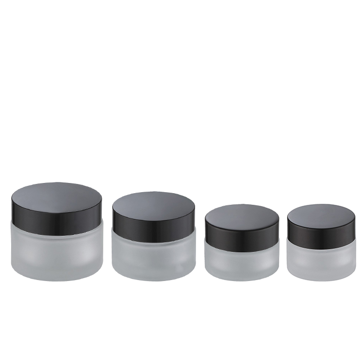skin care glass container round shape flat shoulder 15g 20g 30g 50g 100g frosted matt jars with black lid