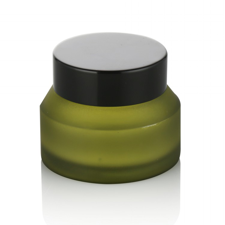 skin care package frosted green  glass cream  jar with matte black plastic  lid  5g 15g 30g 50g