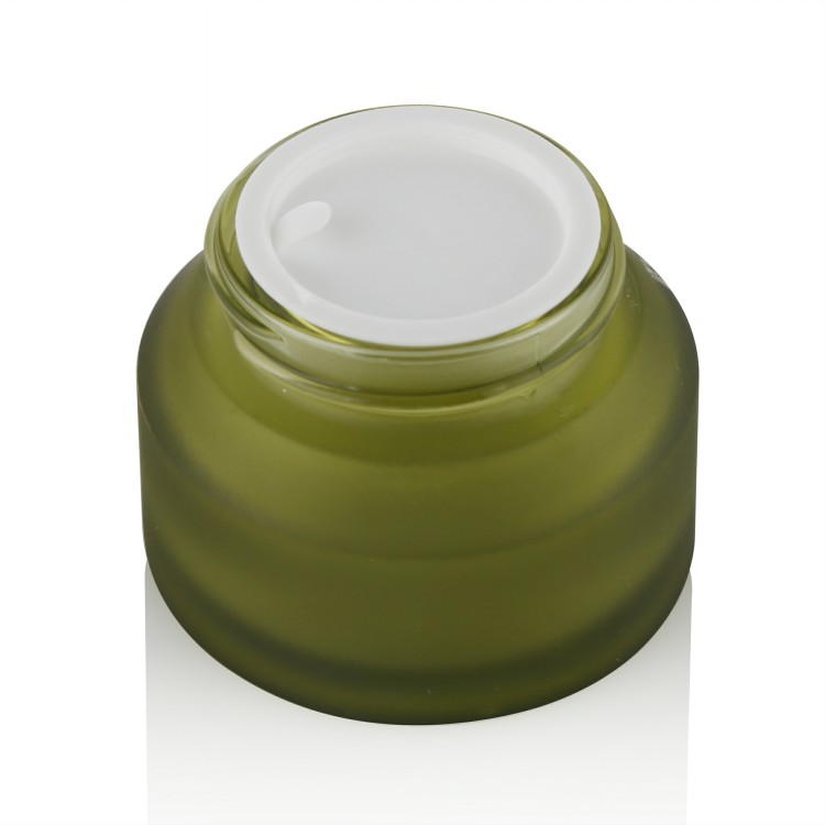 skin care package frosted green glass cream jar with matte black plastic lid 5g 15g 30g 50g