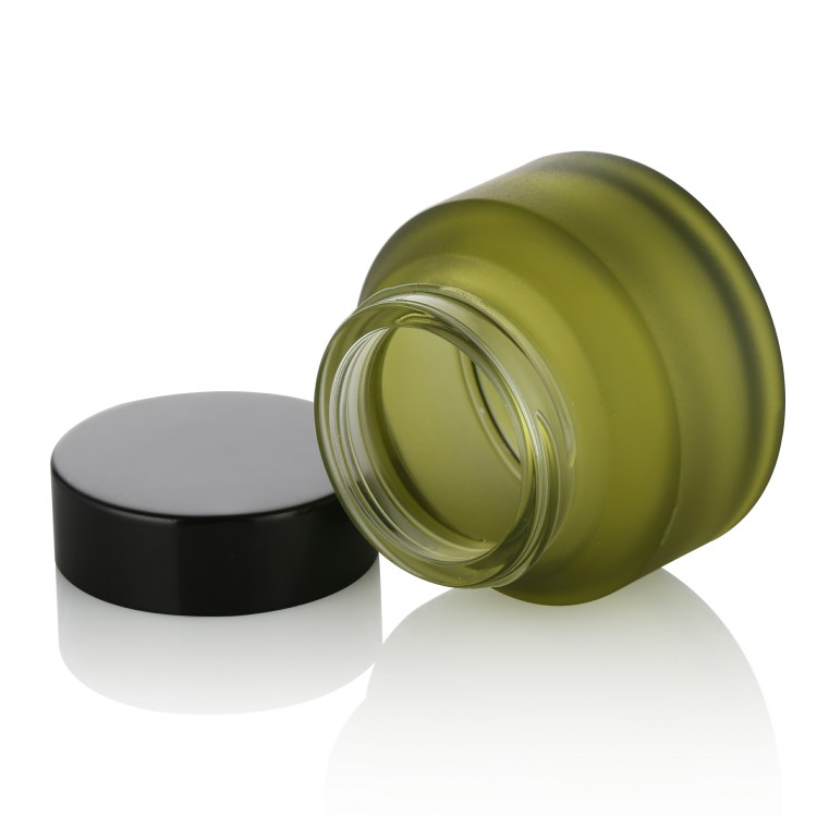 skin care package frosted green glass cream jar with matte black plastic lid 5g 15g 30g 50g