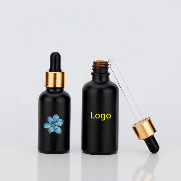 skin care packaging serum cosmetic black essence 30ml matte black glass bottles with dropper