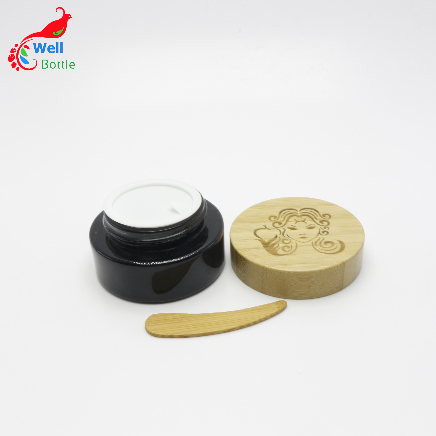 skin emulsion jar 30g cosmetic face cream glass jar eco lotion container round black bottle bamboo wood lid  J113E