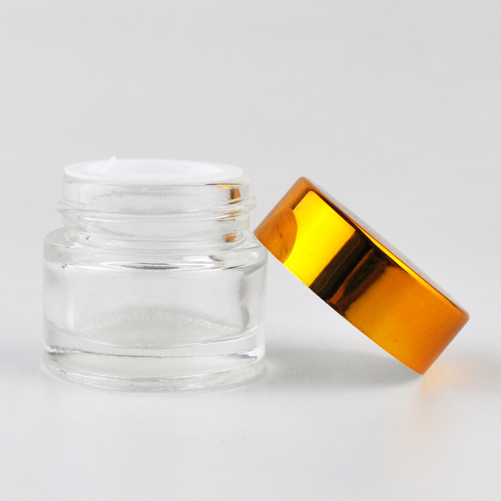 skincare 5 ml 10 ml 15 ml 20 ml 30 ml 50ml 100ml clear coloured glass cosmetic jars with gold and silver aluminium lid