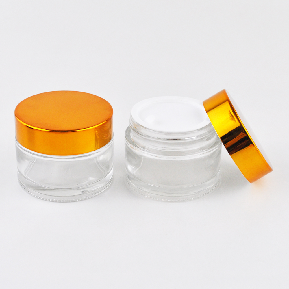 skincare 5 ml 10 ml 15 ml 20 ml 30 ml 50ml 100ml clear coloured glass cosmetic jars with gold and silver aluminium lid