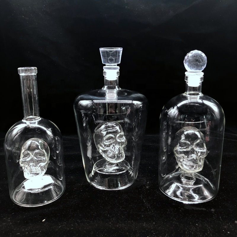 small 500ml 750ml whisky skull head shape bottle with wooden corks