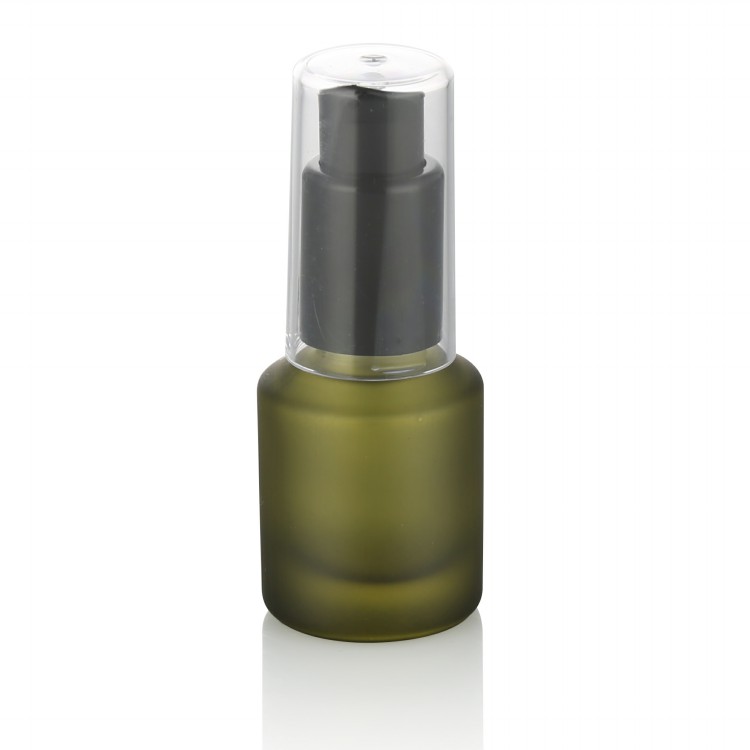 small capacity cosmetic packaging frosted green glass bottle with pump 15 ml plastic cap