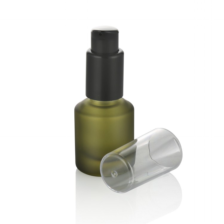 small capacity cosmetic packaging frosted green glass bottle with pump 15 ml plastic cap