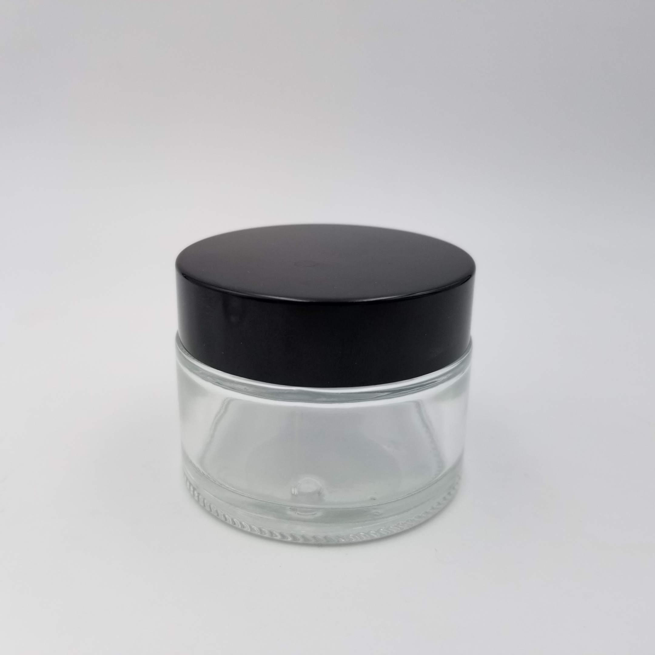 small cosmetic cream round frosted clear 30ml 1 oz glass jar with black sliver aluminum screw top lid