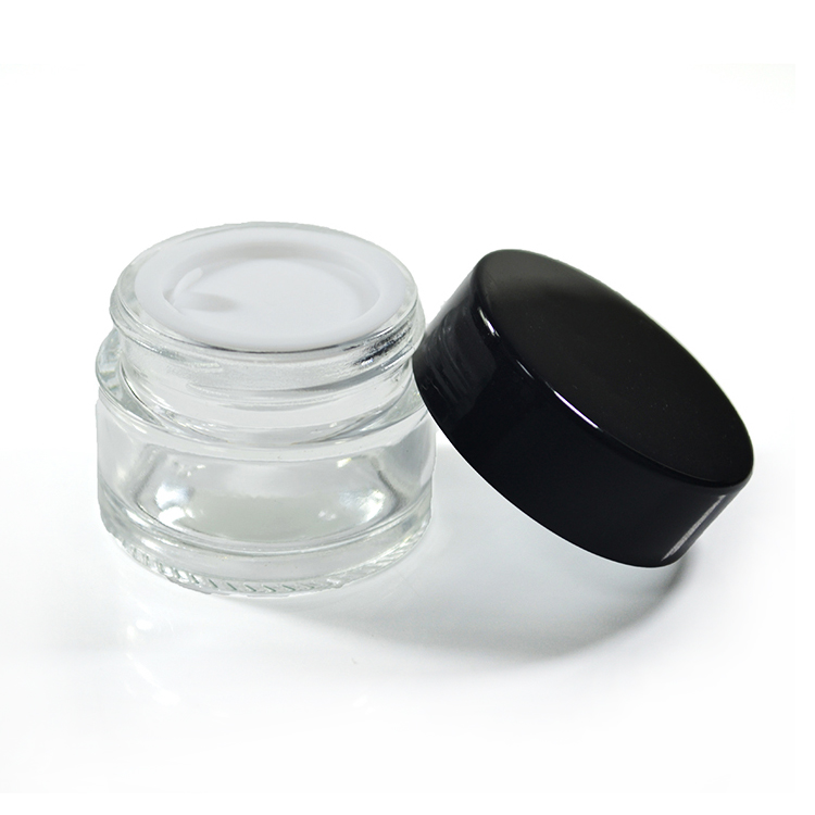 small cosmetic cream round frosted clear 30ml 1oz glass jar with black sliver aluminum screw top lid