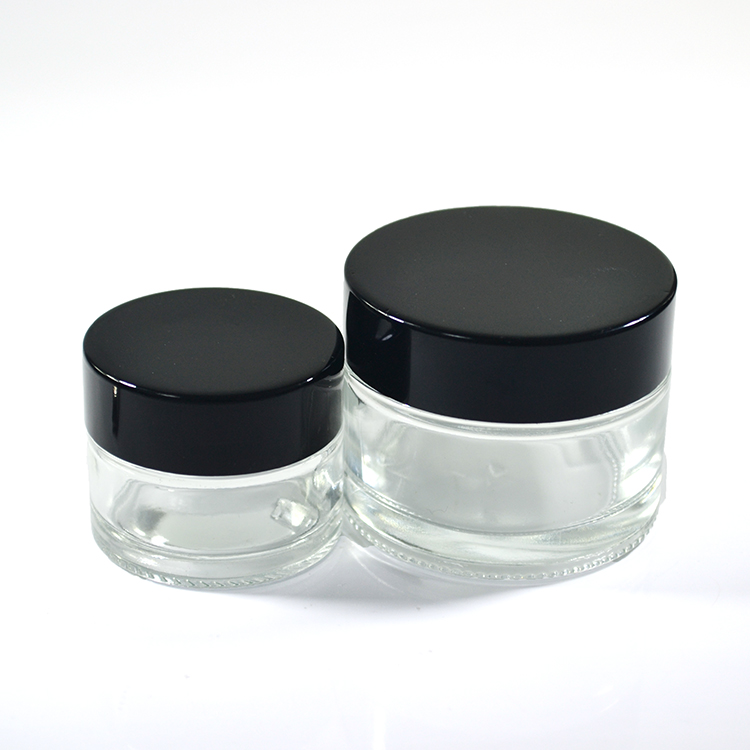 small cosmetic cream round frosted clear 30ml 1oz glass jar with black sliver aluminum screw top lid