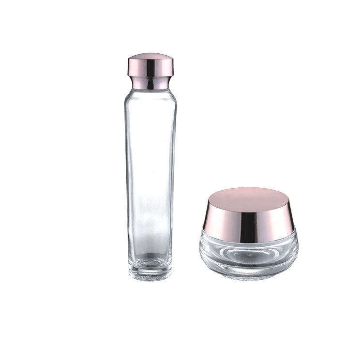 small cosmetic glass jars and bottle 50g 20ml 30ml 50ml 100ml 120ml luxury hot sale packaging with rose gold color UV lid