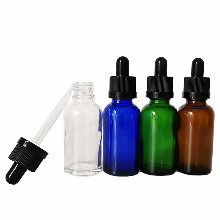 small glass bottle green clear blue amber essential oil  dropper bottle 30ml with childproof cap for eliquid cosmetic packaging