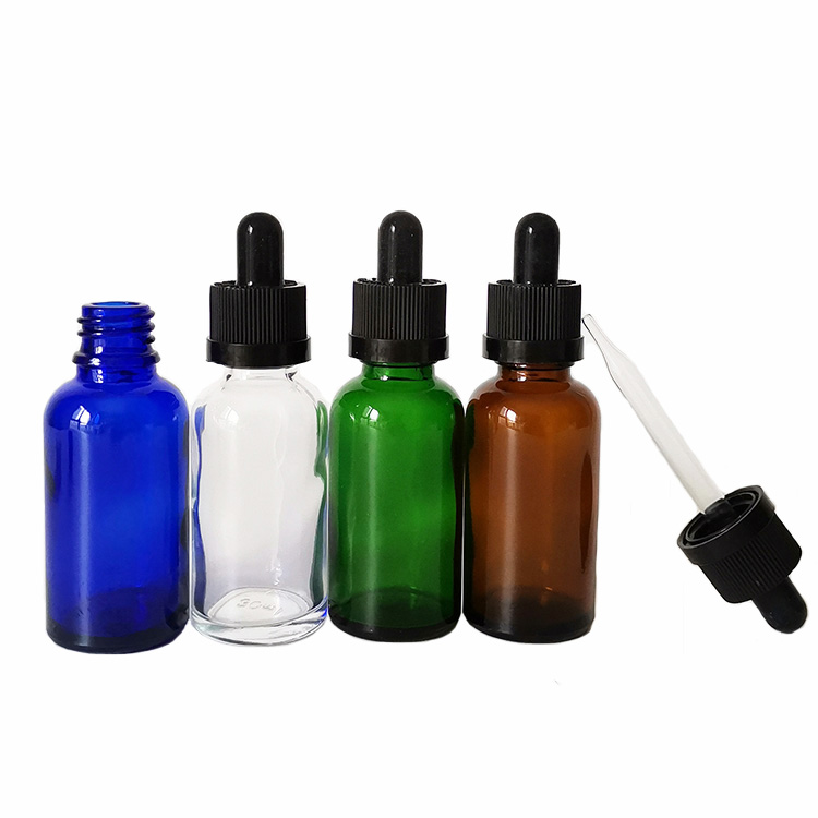 small glass bottle green clear blue amber essential oil dropper bottle 30ml with childproof cap for eliquid cosmetic packaging