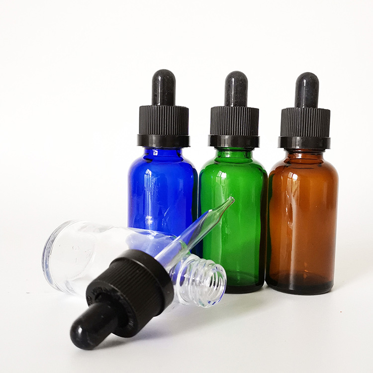 small glass bottle green clear blue amber essential oil dropper bottle 30ml with childproof cap for eliquid cosmetic packaging