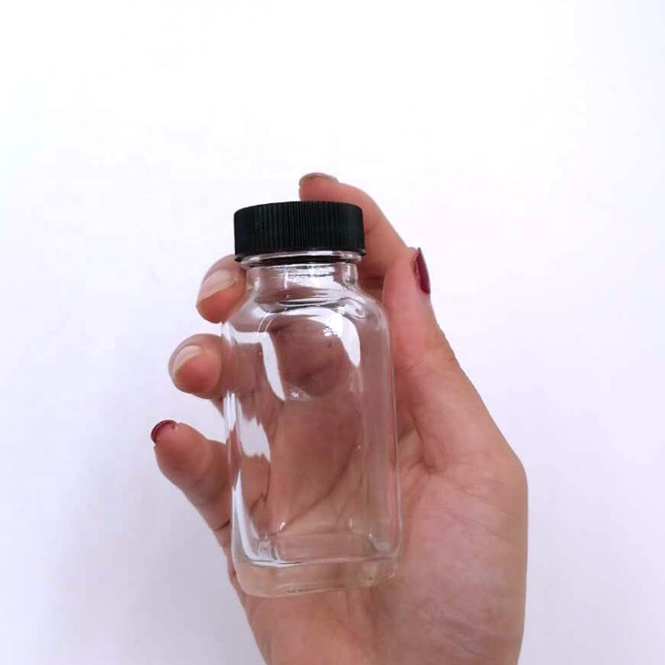 small package 60ml 2oz mini square glass drinks bottle with plastic lids for cold brew drinks iced milk tea coffee test sample