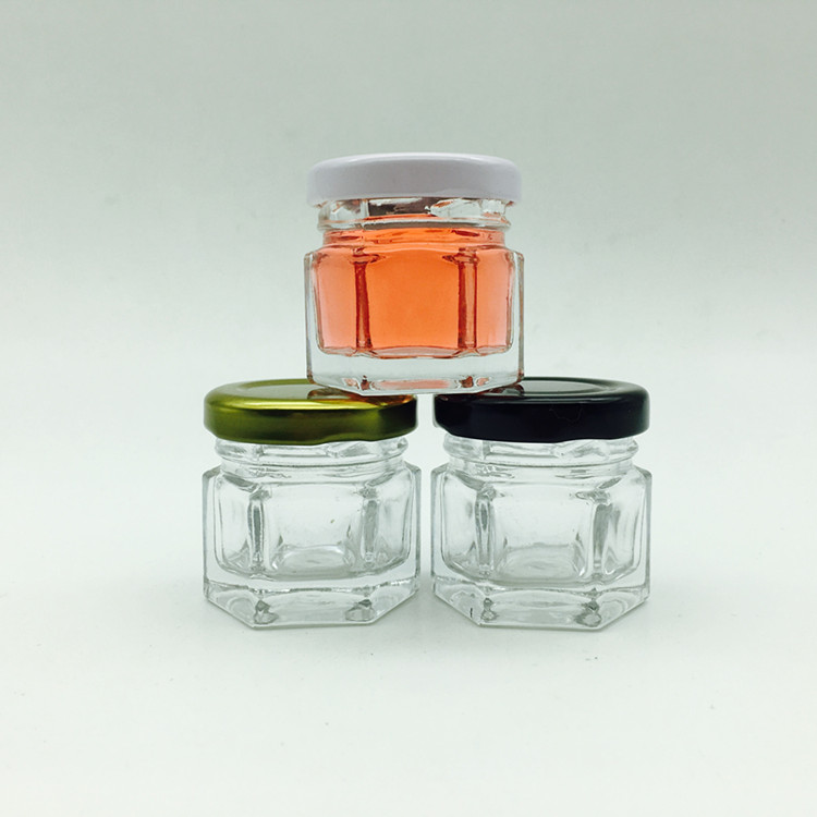 small skinny 30ml hexagonal honey comb glass jar with gold lid