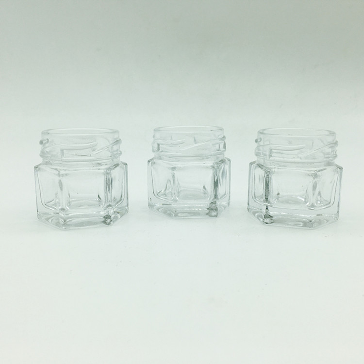 small skinny 30ml hexagonal honey comb glass jar with gold lid