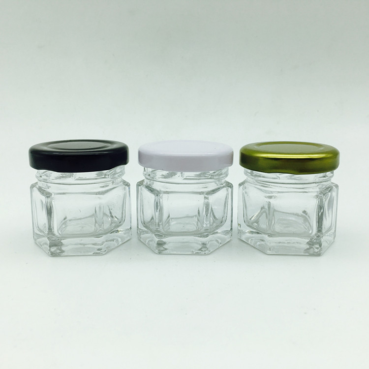 small skinny 30ml hexagonal honey comb glass jar with gold lid