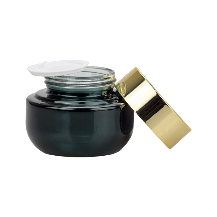 special design 50g black glass cosmetic cream jar sun block black glass jar with gold aluminum cap